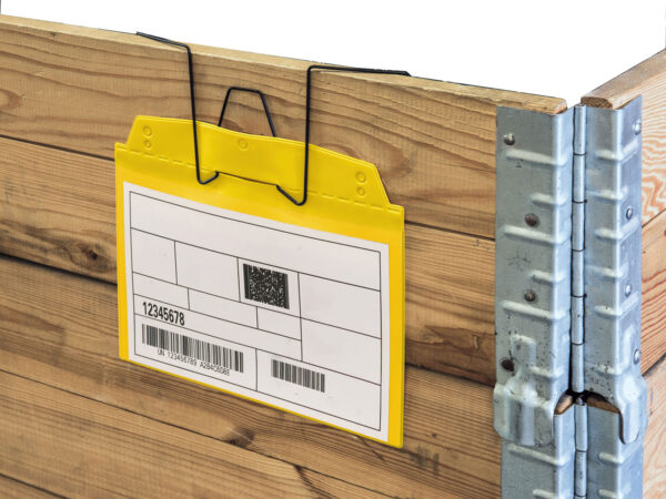 Colorful wire pocket label holder for boxes and containers