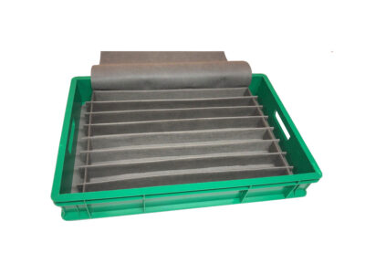 Stackable box from injected plastic with internal separators laminated with anti scratch textile material