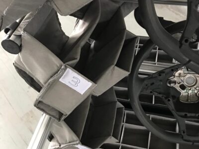 Detail for aluminum profile rack with textile dividers for steering wheels